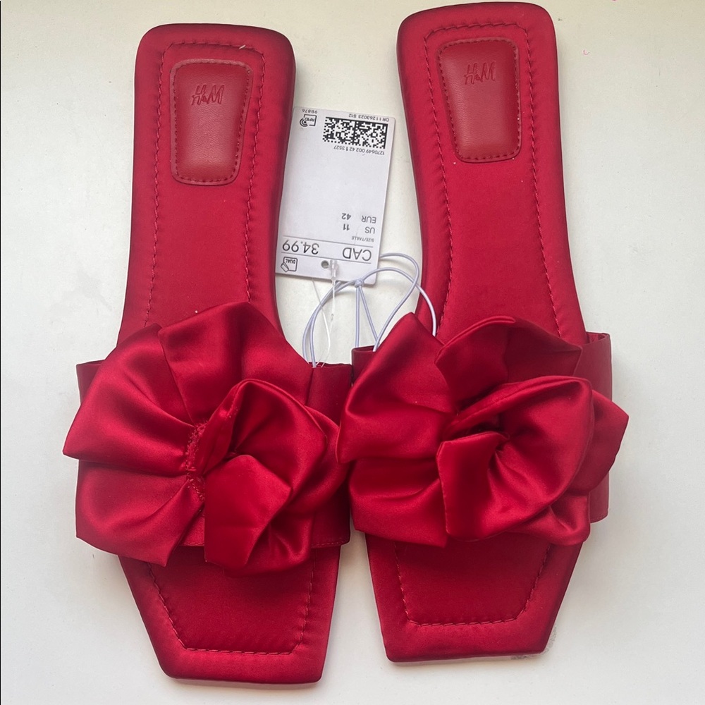 H&M Red Satin Bow Slide Sandals with Floral Knot
